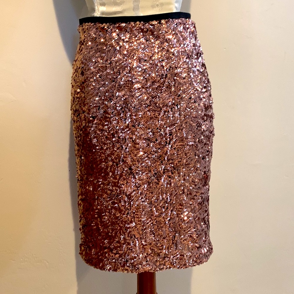 Cremieux Rose Gold Sequin Lined Pencil Midi Zip Up Shiny Skirt Xs